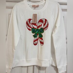 NWT SZ L Philosophy White Sweatshirt with Festive Candy Cane Design